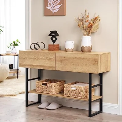 Imagen de [en.casa] Mueble Recibidor Consola Mesa de Entrada con 2 Cajones y 1 Estante Regulable en Altura Metal Aglomerado 75 x 120 30 cm Efecto Roble Negro