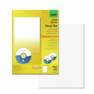 Imagen de SIGEL LA526 Etiquetas para CD/DVD (Ink/Laser/Copy), Ø 117 mm (A4), 100 Et.=50 hojas