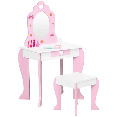 Imagen de ZONEKIZ Tocador Infantil de Madera para Niñas con Taburete y Espejo Maquillaje 3 6 Años Cajón 50x36,5x89,5 cm Rosa