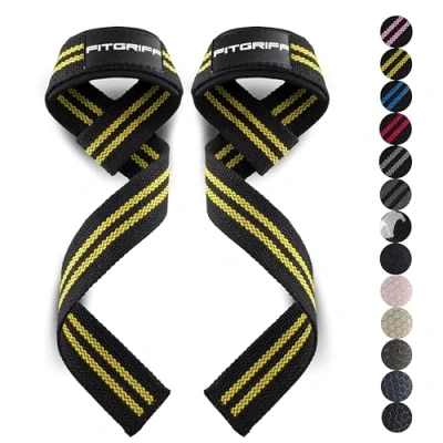 Imagen de Fitgriff® Straps Gym, Correas Levantamiento de Pesas, Powerlifting, Agarraderas Gimnasio Lifting Mujeres y Hombres (Estándar (más 16cm muñeca), Black/Yellow)