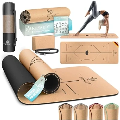 Imagen de KESSER® Esterilla de Yoga Corcho, Incl Bolsa con Correa Transporte y Gimnasia, Yoga, Antideslizante Caucho Natural, TPE Fitness, 183 x 62