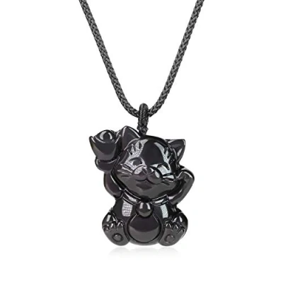 Imagen de COAI Collar con Colgante Gato de la Suerte Obsidiana Negra Piedra Natural para Hombres y Mujeres