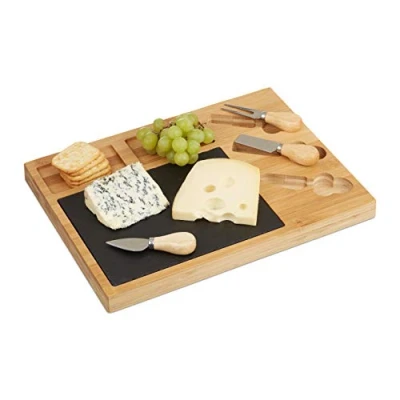 Imagen de Relaxdays Tabla Quesos con Cubiertos, Bandeja Cuchillos, Plato de Pizarra, Bambú, 3 x 40 30 cm, Marrón