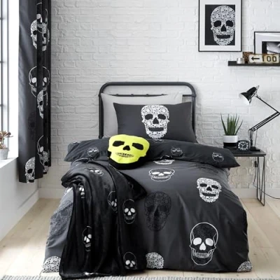 Imagen de Catherine Lansfield Skulls Juego de Funda edredón Reversible con Almohada, Color Gris