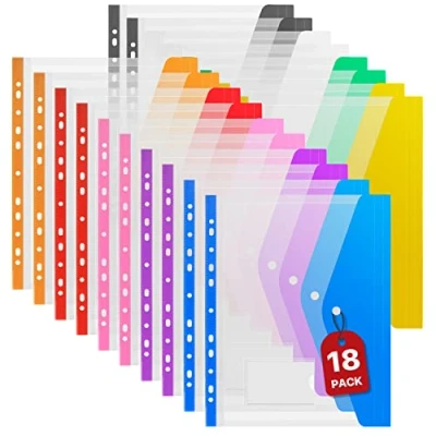 Imagen de Bolsillos perforados A4 Carteras de plástico,18 unidades,Cartera documentos ampliable Carpetas portadocumentos plástico, oficina y escuela, 9 colores