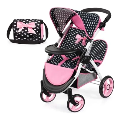 Imagen de Bayer Design 39460AA Cochecito de muñeca gemelas, Carrito Doble para muñecos, Altura Regulable, Ruedas Delanteras móviles, Bolsa