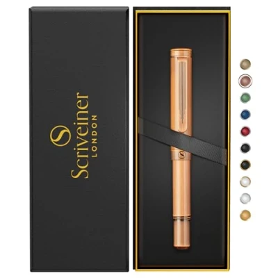 Imagen de Scriveiner Bolígrafo Rollerball EDC Cobre Lujoso, Impresionante Boli Pesado de Bolsillo con Acabado Cepillado a Mano, Recambio Schmidt Alemán, Set Regalo Diseño para Hombre y Mujer