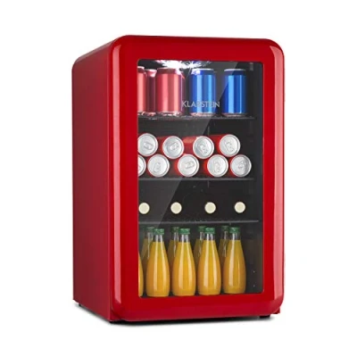 Imagen de nevera para bebidas Klarstein PopLife minibar, retro, 0 10C, sólo 39 dB, 70 L, respetuosa con el medio ambiente, puerta de doble acristalamiento, diseño rojo