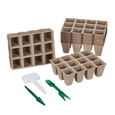 Imagen de Relaxdays Set 192 Semilleros, Incluye Accesorios, Biodegradables, Macetas de Cultivo, 5 x 3,5 cm Aprox, Marrón, 20,5 8