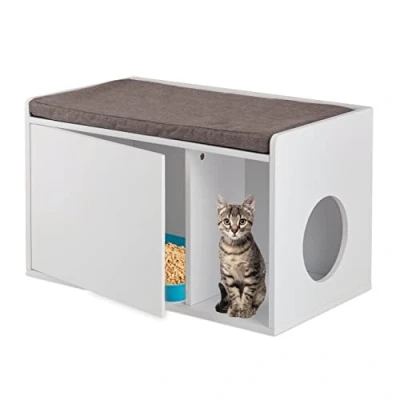 Imagen de Relaxdays Mueble Arenero Gatos Asiento, 2 en 1, Cómoda Felinos con Banco, 45,5 x 75 43 cm, Baño Gatitos, Blanco y Gris, Poliéster