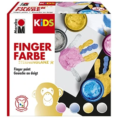 Imagen de Marabu 0303000000086 KiDS Finger Paint Set Star Shine con 4 colores de 100 ml, vegano, lavable, para niños a partir 3 años