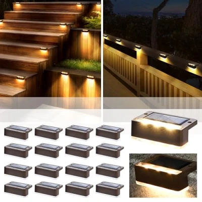 Imagen de Solpex luces solares para exterior, 16 piezas, luz blanca cálida escaleras, impermeables, iluminación LED escaleras exteriores, escalones, valla, patio, decoración (Marrón)