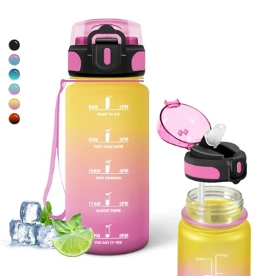 Imagen de Botella Agua, 500ml Agua Niños, Reutilizable a Prueba de Fugas, Cantimplora Infantil con Pajita, Fácil Limpiar, para la Escuela, Oficina, Viajar, Exterior, Correr