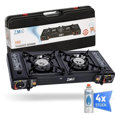 Imagen de hornillo de gas para camping ZMC 2 fuegos con 4 cartuchos 227 g, 2,5 kW, incluye adaptador conexión LPG + maletín almacenamiento, set encendido