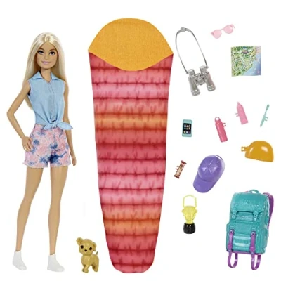 Imagen de Barbie Muñeca Malibu It Takes Two de Acampada con Cachorro, Mochila y Saco Dormir 10+ Accesorios Regalo para Niños 3 7 Años, HDF73, Multicolor, Muñeca: 29 cm