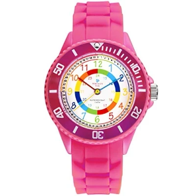 Imagen de Alienwork Kids Reloj de Aprendizaje Infantil Niña Rosa Pulsera Silicona Abigarrado niños Impermeable 5 ATM Tiempo Aprender