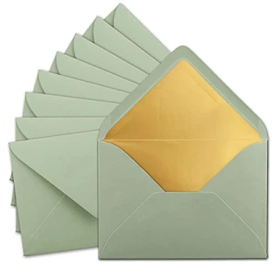 Imagen de Gustav Neuser 75 sobres DIN C5 de 15,7 x 22,5 cm en color verde eucalipto con forro seda dorado, pegado húmedo, blanco, postales sin ventana formato