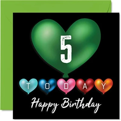 Imagen de Stuff4 Divertidas tarjetas de 5º cumpleaños para niños y niñas, globos corazón, tarjeta feliz hijo, hija, hermano, hermana, nieto, nieta, sobrina, sobrino, primo,