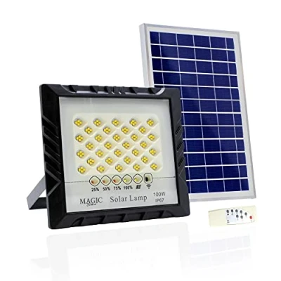 Imagen de Foco Proyector 100W 128LED con Panel Solar Fotovoltaico, Mando a Distancia y Sensor de Encendido Automático. IP67 Luz Blanca, Iluminación Exteriores, Patio, Jardín, Camino, Garaje.