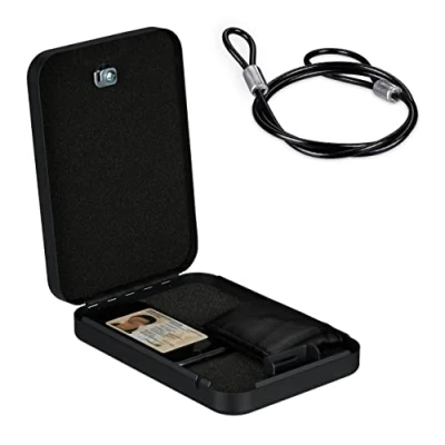 Imagen de Relaxdays Caja Fuerte Portátil, Cajita Seguridad con 2 Llaves, Coche o Viaje, Cable Sujeción, Acero, 5x17x25 cm, Negro, 5 x 17 25 cm