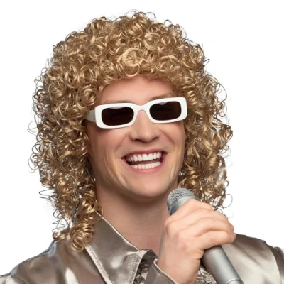 Imagen de Boland 86404 Peluca cantante adulto con gafas, pelo sintético rizado, peinado, gafas de fiesta, estrella rock, disfraz, carnaval, fiesta temática