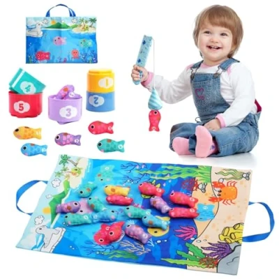 Imagen de Bambebe Juego Pesca con 15 Peces Tela, Educativos Juguetes Niños 1 2 3 Año, Montessori para Años, Cubos Apilables Regalo Bebes 6 12 18 Meses