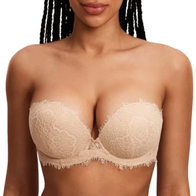 Imagen de DOBREVA Sujetador de Encaje Push Up sin Tirantes para Mujer con Aros y Relleno Beige 100B