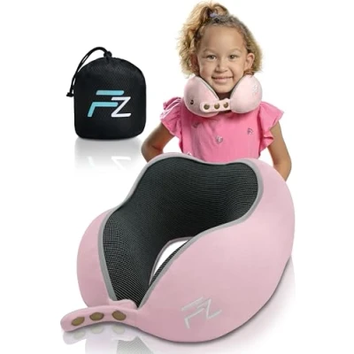 Imagen de FLOWZOOM Almohada de Viaje para Niños Mayores 3 Años Cojín Ajustable Que Alivia Tensión Cervical Viscoelástica y Suave, Coche, Tren Avión Comfy Kids, Talla S Rosa