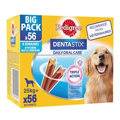 Imagen de palitos dentales PEDIGREE DENTASTIX para perros grandes, +25 kg, 56 masticar (juego de 8 bolsas 7 golosinas), higiene bucal, probados científicamente, limpieza diaria
