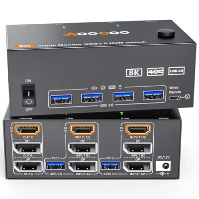 Imagen de Conmutador KVM 3 pantallas 2 ordenadores 4K@144Hz 8K@60Hz, Displayport + HDMI USB3.0 Conmutadores con 4 puertos USB 3.0, mando a distancia por cable, alimentación y cable incluido