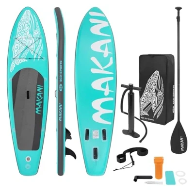 Imagen de ECD Germany Tabla Hinchable Makani Paddle Surf/Sup 320 x 82 15 cm Turquesa Stand up Board PVC/EVA hasta 150kg 3 Antideslizantes Diferentes Modelos Incluye Paleta Aluminio Bomba y Accesorios