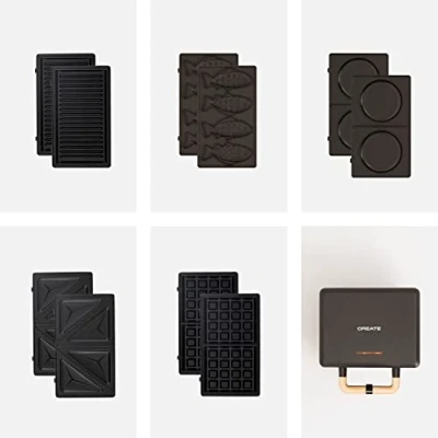 Imagen de CREATE/STONE STUDIO/Sandwichera Grill y gofrera doble negro / 5 placas intercambiables: Grill, Gofre, Sandwich, Taiyaki Tortitas, antiadherente, apertura 100º, autoapagado, retro, 800W