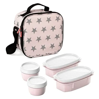 Imagen de Tatay Urban Food Casual Bolsa Térmica Porta Alimentos, con 4 Tuppers Herméticas, 2 x 0.5L, 0.2L, Color Rosa Estrellas, Medidas 22.5 10 22 cm, 3L de Capacidad