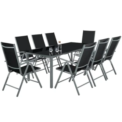 Imagen de TecTake® Conjunto Muebles Jardín Exterior 9 Piezas, Estructura de Aluminio, Mesa y Sillas Terraza Impermeables, Resistentes a Intemperie, Plegables Reclinables, Tela Transpirable Plata