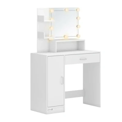 Imagen de CASARIA® Tocador de Maquillaje Mesa Cosmética con Espejo 10 LED Organizador Cajón 140x90x40cm Blanco