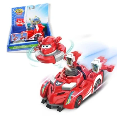 Imagen de Super Wings Spinning Jett &amp; Vehicle, supervehículo de Aprox. 14 cm Altura con 2 Modos, Incl. Mini como peonza para Salir disparado, niños a Partir 3 años