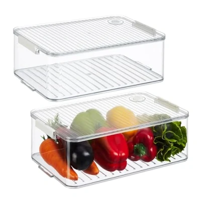 Imagen de Relaxdays Juego Organizador Nevera, Set de 2, Almacenaje Alimentos, Caja para Frigorífico, 10,5 x 21 33 cm, Transparente