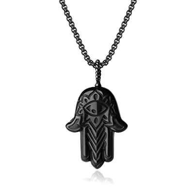 Imagen de COAI Collar de Acero Inoxidable con Colgante Mano Fátima Obsidiana Piedra Natural para Hombre y Mujer