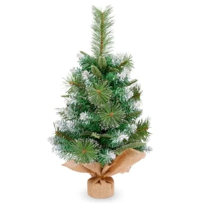 Imagen de 60 cm/2ft Mini Árbol de Navidad Mesa Artificial Puntas, con Decoración Copos Nieve, 3 Tipos Hojas Pino, Base Lino, Algodón y Cemento para Decoraciones Navideñas