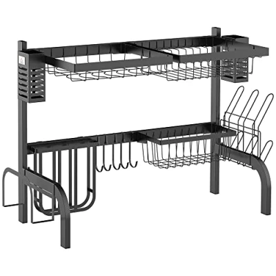 Imagen de HOMCOM Escurreplatos de Acero Escurridor Platos 2 Niveles para Fregadero con Soporte Tabla Cortar Cubiertos 5 Ganchos 65x31,5x52,5 cm Negro