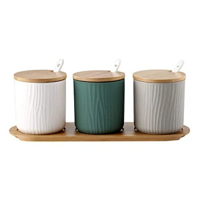 Imagen de OnePine Juego de 3 Tres Colores Azucarero, azucarero cerámica azúcar Pot con Tapa bambú y Cuchara, Cocina