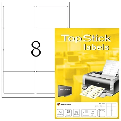 Imagen de TopStick 8407 Etiquetas de dirección A4, paquete 32 (99,1 x 67,7 mm, 800 hojas, papel, mate) autoadhesivas, imprimible, pegatinas universales permanentes, 6400 adhesivos blancas