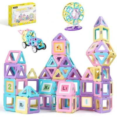 Imagen de ECHOCUBE Bloques de Construcción Magnéticos, 120 Piezas Juego Baldosas Magnéticas con Ruedas para Niños, Juguete Magnético Niñas y Niños Regalo Cumpleaños Navidad