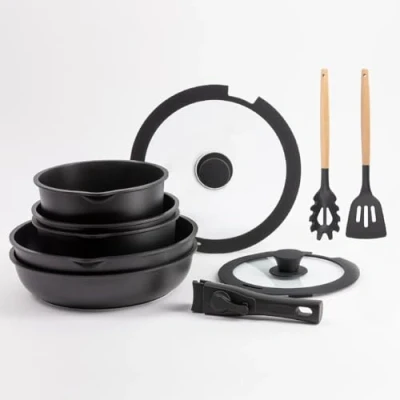Imagen de BERGNER CLICK&amp;COOK Set Jumbo 10 PZS Batería de Cocina Negro Easy Click Sartenes y Cazos con Revestimiento Antiadherente Incluye Tapa Utensilios Mango Desmontable Apto Todas Cocinas