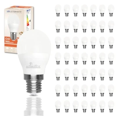 Imagen de LED ATOMANT Pack 50x Bombilla E27 G45 9W. Color Blanco Calido (3000K). 950 lumenes. Casquillo grueso. Equivalente 95W tradicional.