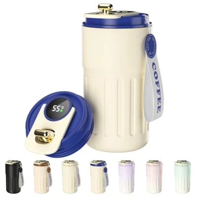 Imagen de Homealexa taza de café con pantalla digital, termos, 410 ml, acero inoxidable 316, viaje aislada, a prueba fugas, tapa para café, color Azul