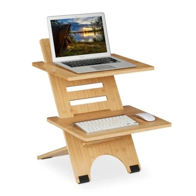 Imagen de Relaxdays Soporte Ordenador de Pie, Altura Regulable, 2 Baldas, Bambú, Accesorio para Escritorios, Oficina, Natural, 61 x 47 cm