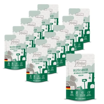 Imagen de MjAMjAM comida húmeda premium para gatos Quetschie delicioso reno con pollo y deliciosas zanahorias, pack de 12 (12 x 125 g), sin cereales extra carne
