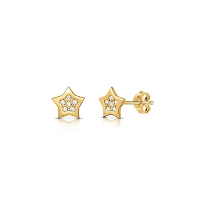 Imagen de Amberta Pendientes de Botón Celestiales para Mujer en Plata Ley 925: Estrella Chapados Oro 18k con Circonitas
