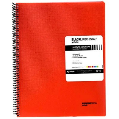 Imagen de Grafoplás 39835251 Carpeta Fundas Espiral, 50 Fundas, Tapas Polipropileno Rayado, A4, Color Rojo, Maxiplás Blackline Cristal